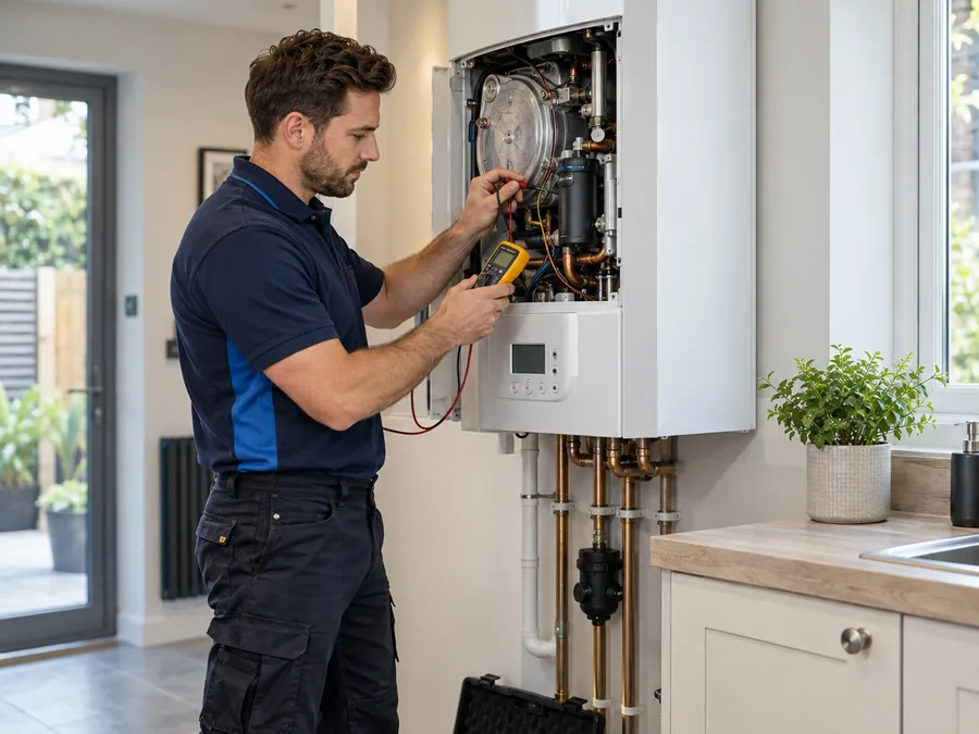 An engineer testing the inside of a wall-mounted boiler with a multimeter